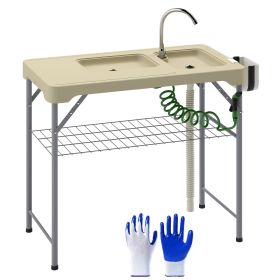 Folding Fish Cleaning Table With Sinks, Portable Camping Sink Table With Faucet, Drainage Hose, Sprayer, Shelf, Drawer And Storage Basket, Outdoo (Color: Beige)